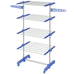 HOMCOM Garment Drying Rack Stainless Steel Folding Clothes Hanging Rack with Side Wings Castors for Indoor Outdoor Blue