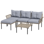 Outsunny 5-Piece Rattan Patio Furniture Set with Sofa, Chaise Lounge, Coffee Table, Footstools, Cushions, Light Gray
