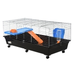 PawHut 47" Small Animal Cage, Rolling Guinea Pig Cage with Food Dish, Water Bottle, Hay Feeder, Platform, Ramp, Black