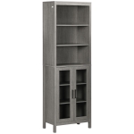 kleankin Tall Bathroom Storage Cabinet with 3 Tier Shelf, Glass Door Cabinet, Freestanding Linen Tower with Adjustable Shelves, Gray Wood Grain