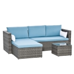 Outsunny 3-Piece Patio Furniture Set Modern Sectional Sofa Rattan Chair Wicker Conversation Set Outdoor Hand Woven Rattan Wicker Furniture Patio Coffee Table Sofa Set, Blue