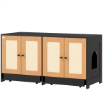PawHut Cat Litter Box Enclosure w/ 2 Cabinets, Scratching Mats & Trays for 2 Cats or Kittens, Black