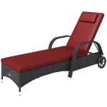 Outsunny Outdoor Lounger, Deck Lounge Chair with Headrest, 5-Level Adjustable, Backrest, Wheels, Deep Coffee and Wine Red