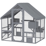 PawHut Wooden Catio Outdoor Cat Enclosure with Waterproof Cover, 2 Condos, 4 Platforms, Bridge, Doors, Gray