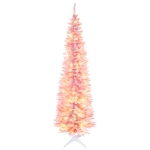 HOMCOM 7' Pre Lit Artificial Pencil Christmas Trees, Xmas Tree with Realistic Branches and Warm White LED Lights, Pink