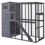 PawHut Wooden Outdoor Catio with Platforms, Asphalt Roof, Ramps, Gray
