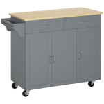 HOMCOM Kitchen Cart with Storage, Rolling Kitchen Island on Wheels with Bamboo Countertop, Drawers, Cabinets, 3 Doors, Grey