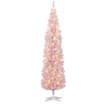 HOMCOM 7ft Pencil Christmas Tree, Slim Artificial Christmas Tree with Snow Flocked Branches and Warm White LED Lights, Pink