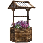 Outsunny Wooden Wishing Well Planter, Raised Garden Bed with Galvanized Canopy, Hexagon Raised Flower Bed for Garden, Tan