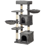 PawHut 52.5" Cat Tree Tower with Scratching Posts, Cat Condos, Bed, Platforms, Hammocks, for Indoor Cats, Dark Grey
