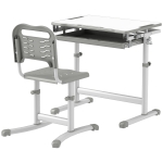 Qaba Height Adjustable Kids Desk and Chairs Set with Tilt Desktop, Storage Drawer, Pen Slot, Hook, Gray