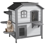 PawHut 2-story Cat House Outdoor, Weatherproof Wooden Cat Enclosure for Feral Cats with Escape Door, Openable Roof, Jumping Platforms, White