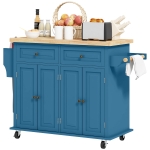 HOMCOM Kitchen Island on Wheels, Rolling Cart with Rubberwood Top, Spice Rack, Towel Rack and Drawers, Turquoise