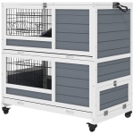 PawHut 2-Tier Indoor Rabbit Hutch Rabbit Cage with Wheels, Feeding Trough, Gray