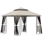 Outsunny 10'x10' Soft-top Patio Gazebo with Double Tier Roof, Mesh Curtains, Display Shelves, Top Hooks, Beige