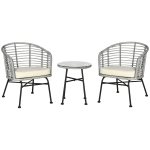 Outsunny 3 Piece Patio Bistro Set, PE Rattan with Cushioned Barrel Chairs & Glass Coffee Table, Conversation Set, Cream White