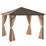 Outsunny 10' x 10' Hardtop Gazebo with Curtains and Netting, Permanent Pavilion Metal Single Roof Gazebo Canopy with Aluminum Frame and Hooks, for Garden, Patio, Backyard, Light Brown