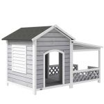 PawHut Wooden Dog House Outdoor with Porch, Cabin Style Raised Dog Shelter with Asphalt Roof, Doors, and Shutter Window, for Medium Large Sized Dog, Light Gray