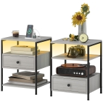 HOMCOM Set of 2 Side Tables with Charging Stations and LED Lights, End Tables with Drawer and Shelves for Living Room, Gray