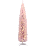 HOMCOM 8ft Pencil Christmas Tree, Slim Artificial Christmas Tree with Realistic Branches and Warm White LED Lights, Pink