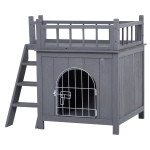 PawHut 2-Level Wooden Cat House, Outdoor Dog Shelter Cat Condo with Lockable Wire Door and Balcony, Gray