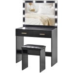 HOMCOM Makeup Vanity Desk Set with Stool, Dressing Table with LED Lighting Mirror, Drawers, for Bedroom, Black
