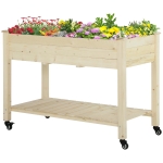 Outsunny Mobile Raised Garden Bed Elevated Wood Planter Box with Lockable Wheels, Storage Shelf for Herbs Vegetables, Natural