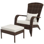 Outsunny Wicker Adirondack Chair with Ottoman, Patio Cushioned Muskoka Chair with Armrests Brown/Cream White