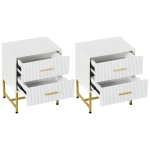 HOMCOM 2 Pieces Nightstands with Storage, Modern Bedside Tables with 2 Fluted Drawers and Gold Legs for Bedroom, White