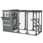 PawHut Wooden Cat Catio, 76"L Walk in Outdoor Cat House with Asphalt Roof, Platforms, Lockable Doors, 3-tier Resting Condo, Observation Window, for 2-3 Cats, Light Grey