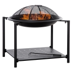 Outsunny 29.1in Outdoor Fire Pit with Screen Cover and Storage Shelf, Wood Burning Fire Bowl with Poker for Patio, Backyard, Black