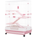 PawHut 32"L 4-Level Small Animal Cage with Universal Lockable Wheels, Slide-out Tray for Bunny, Chinchillas, Ferret, Pink