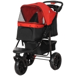PawHut 3 Wheel Folding Dog Stroller, Travel Carrier with Adjustable Canopy, Storage Brake, Mesh Window for S&M Dogs, Red