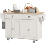 HOMCOM Rolling Kitchen Island Cart with Drop Leaf, Kitchen Cart on Wheels with Wood Top, 2 Drawers and 2 Storage Cabinets, Island Table for Kitchen, Dining Room, Cream White