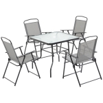 Outsunny 5 Pieces Patio Table and Chairs, Outdoor Dining Set with 4 Folding Chairs, Glass Tabletop and Parasol Hole, Grey