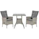 Outsunny 3 Piece Patio Bistro Set, PE Wicker Furniture Conversation Set w/ Tufted Cushion Reclining Chairs & Coffee Table, Gray