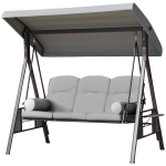 Outsunny Outdoor Patio 3-Person Steel Canopy Cushioned Seat Bench Swing with Included Side Trays & Padded Comfort, Light Grey