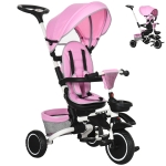 Aosom 6-in-1 Toddler Tricycle for 12-50 Months, Foldable Kids Trike with Adjustable Seat and Push Handle, Safety Harness, Removable Canopy, Footrest, Pink