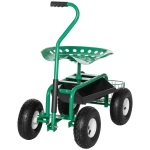 Outsunny Garden Scooter, Rolling Cart with Swivel and Adjustable Seat, Tool Tray, Bucket Basket, Green and Black
