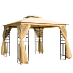 Outsunny 10' x 10' Metal Patio Gazebo, Double Roof Outdoor Gazebo Canopy Shelter with Tree Motifs Corner Frame and Netting, for Garden, Lawn, Backyard, and Deck, Beige