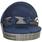 Outsunny 4 Pieces Outdoor Daybed with Retractable Canopy, PE Rattan Wicker Round Sofa Day Bed, Patio Sectional  Conversation Furniture Set with Cushions and Pillows, Dark Blue
