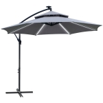 Outsunny 10FT Cantilever Patio Umbrella with Lights Solar Powered Offset Umbrella with Crank and Cross Base for Deck Grey