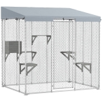 PawHut 79" L Galvanized Steel Catio Outdoor Cat Enclosure w/ 420D Waterproof Canopy, Multiple Platforms, Resting Condo, Silver