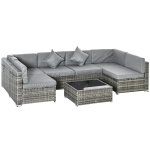 Outsunny 7pc Garden Wicker Sectional Set w/ Tea Table Patio Rattan Lounge Sofa Outdoor Deck Furniture Light Grey