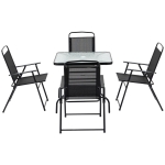 Outsunny 5 Pieces Patio Table and Chairs, Outdoor Dining Set with 4 Folding Chairs, Glass Tabletop and Parasol Hole, Black