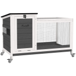 PawHut Wooden Rabbit Hutch with Pull-Out Tray, Asphalt Openable Roof, Small Animal Cage on Wheels with Run, Grey