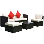 Outsunny 6 Piece Patio Furniture Set Outdoor Wicker Conversation Set All Weather PE Rattan Sectional Sofa Set with Ottoman, Cushions and Tempered Glass Table, Mixed Brown and Cream White