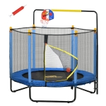 Qaba Kids Trampoline with Net, Basketball Hoop, Horizontal Bar Indoor, Blue