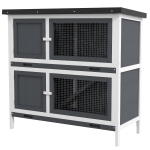 PawHut Wood Rabbit Hutch with 2 Large Main House, Ramp, Trays, Grey