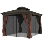 Outsunny 10' x 12' Outdoor Hardtop Gazebo with Galvanized Canopy & Netting Sidewalls for Lawn, Backyard, Dark Brown